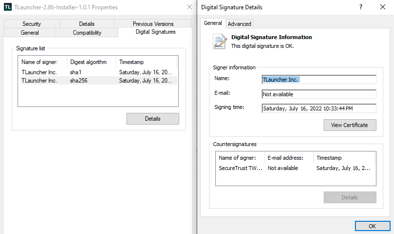TLauncher has a digital signature