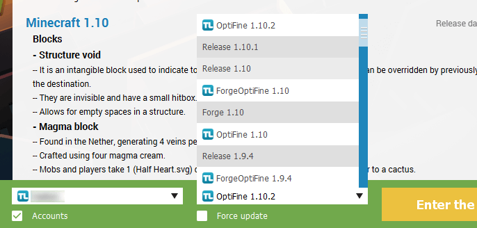 Version OptiFine in TLauncher