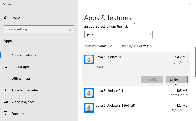 Uninstall Java on Windows